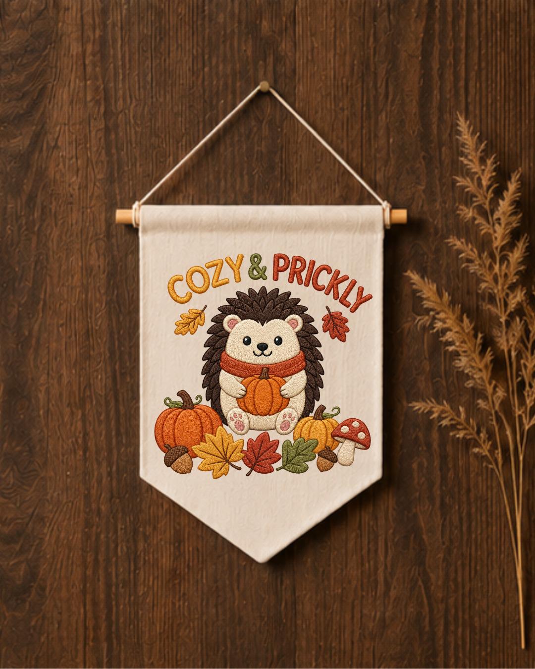 Autumn Hedgehog Embroidered Wall Hanging, Cozy Fall Nursery Banner, Pumpkin Woodland Decor, Cute Thanksgiving Kids Room Gift