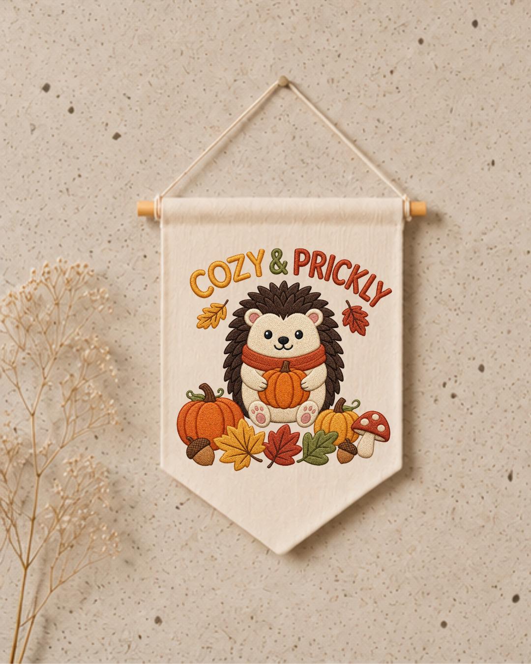 Autumn Hedgehog Embroidered Wall Hanging, Cozy Fall Nursery Banner, Pumpkin Woodland Decor, Cute Thanksgiving Kids Room Gift