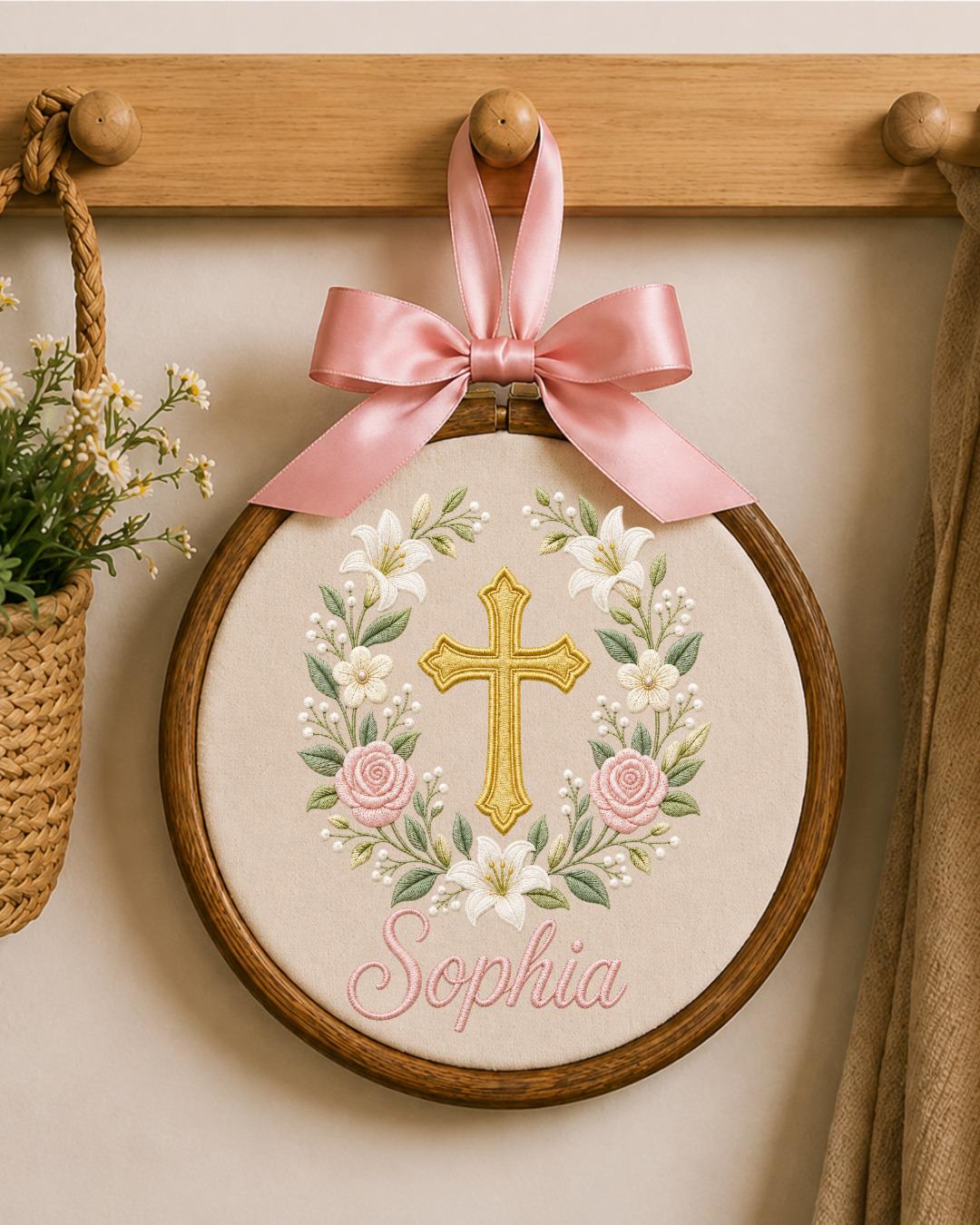 Personalized Embroidered Cross Ornament, Custom Name Christian Nursery Decor, Floral Baptism Gift, Baby Girl Religious Keepsake