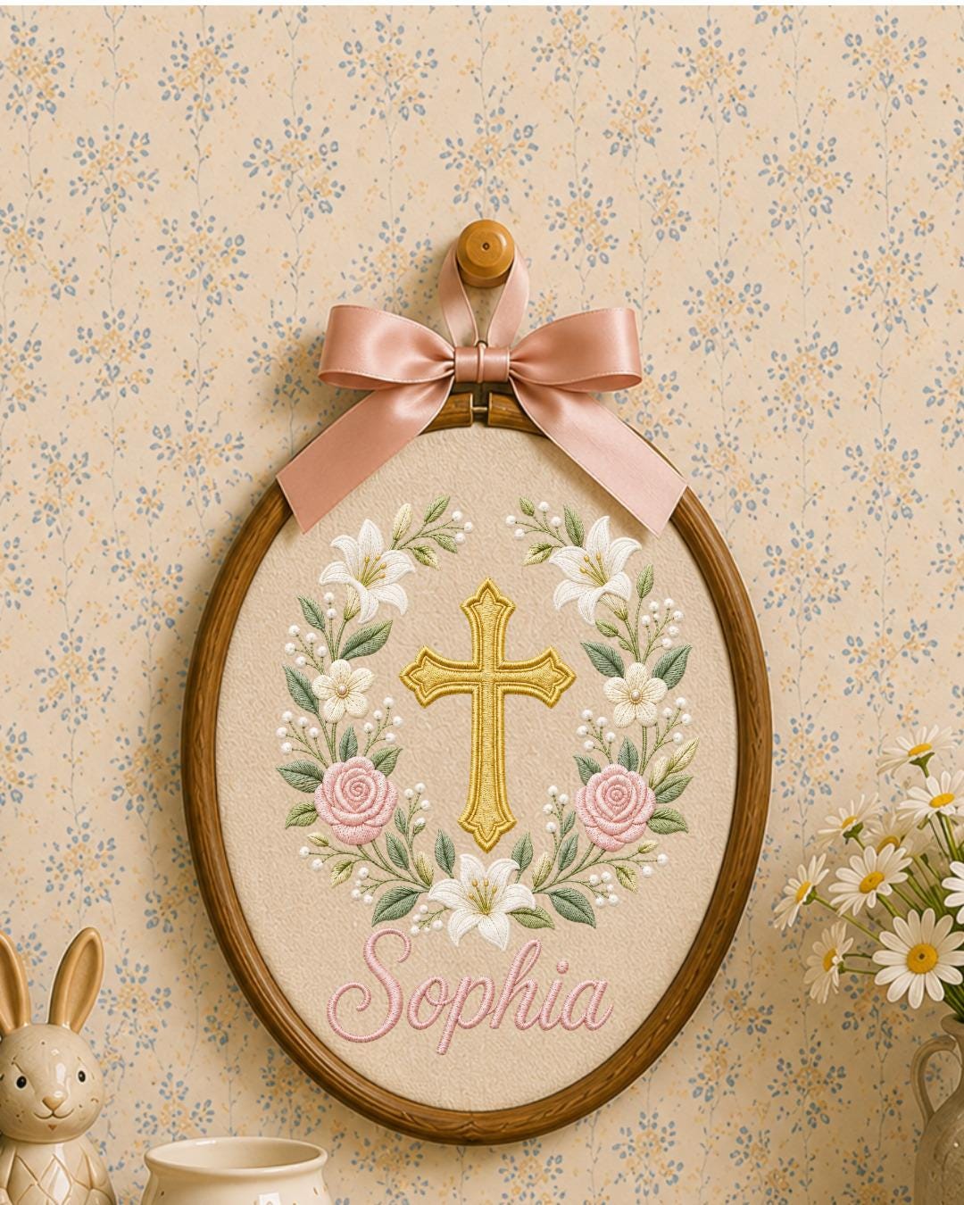 Personalized Embroidered Cross Ornament, Custom Name Christian Nursery Decor, Floral Baptism Gift, Baby Girl Religious Keepsake