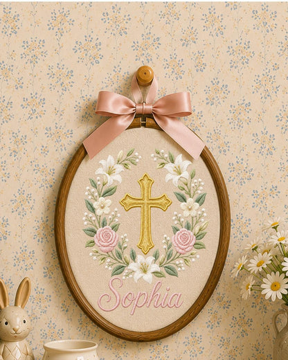 Personalized Embroidered Cross Ornament, Custom Name Christian Nursery Decor, Floral Baptism Gift, Baby Girl Religious Keepsake