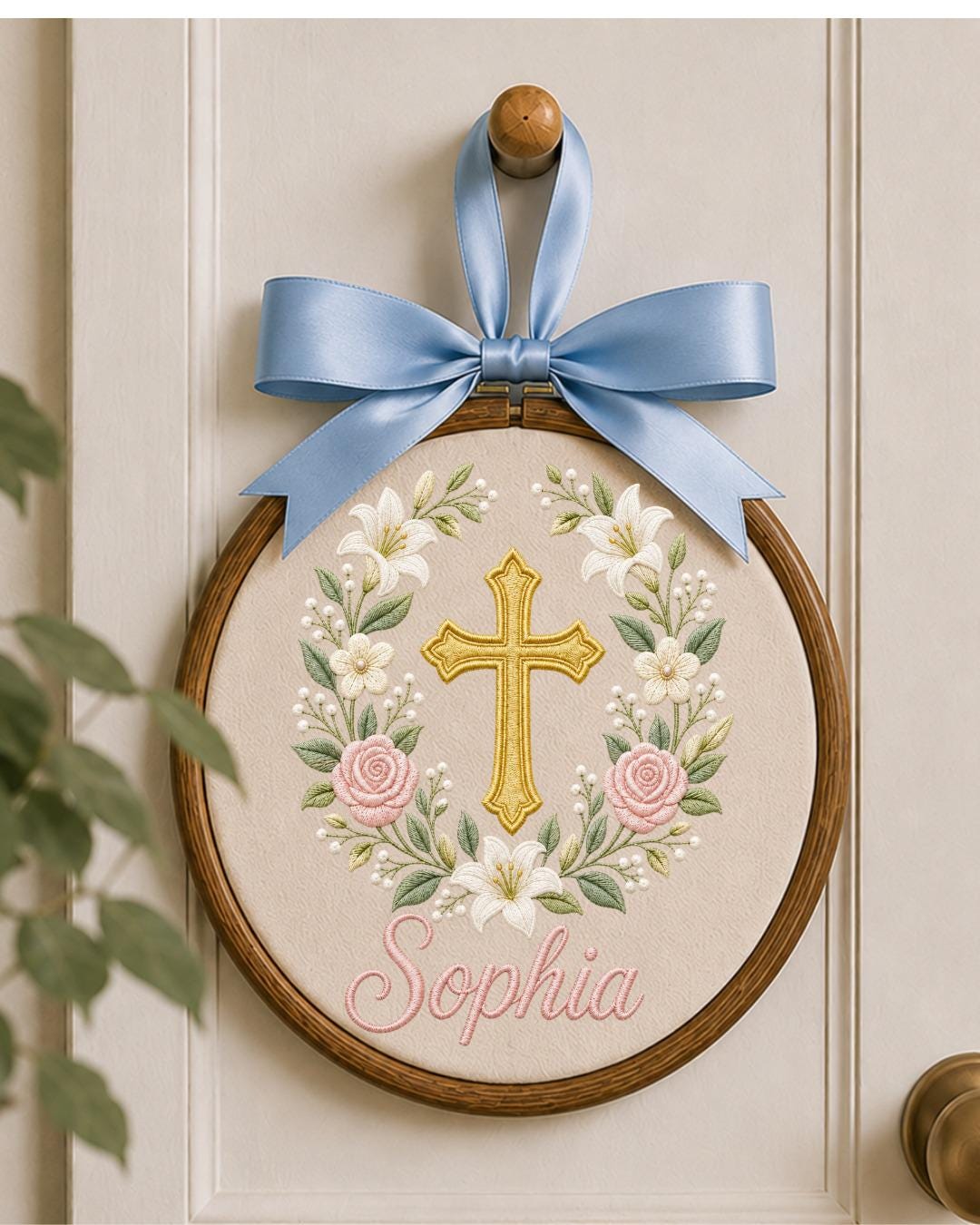 Personalized Embroidered Cross Ornament, Custom Name Christian Nursery Decor, Floral Baptism Gift, Baby Girl Religious Keepsake