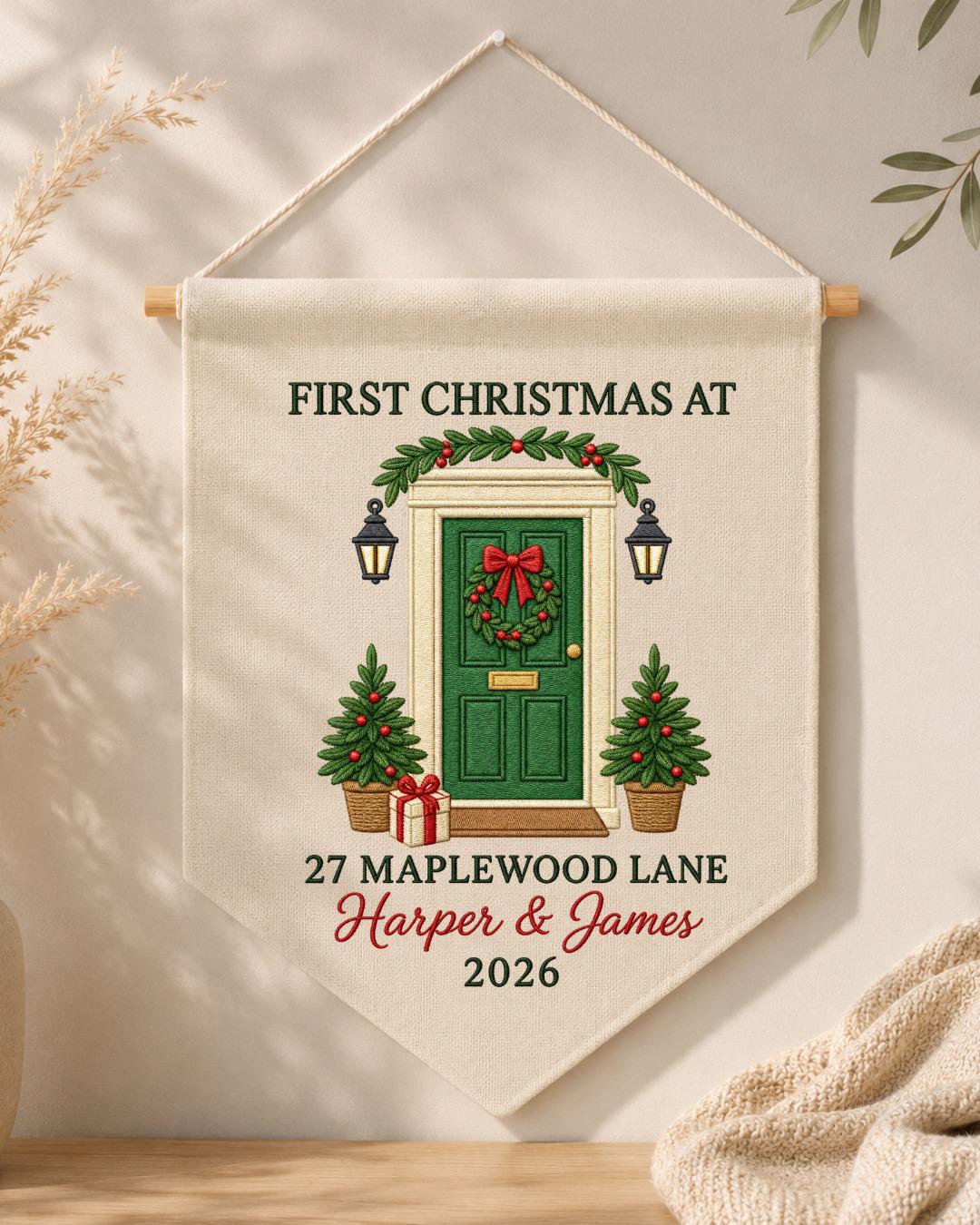 Personalized First Christmas Home Wall Hanging, Custom Address Embroidered Banner, New Home Christmas Decor, Couple Housewarming Gift 2026