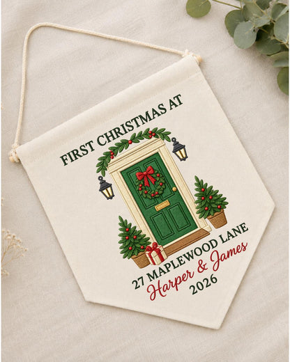 Personalized First Christmas Home Wall Hanging, Custom Address Embroidered Banner, New Home Christmas Decor, Couple Housewarming Gift 2026
