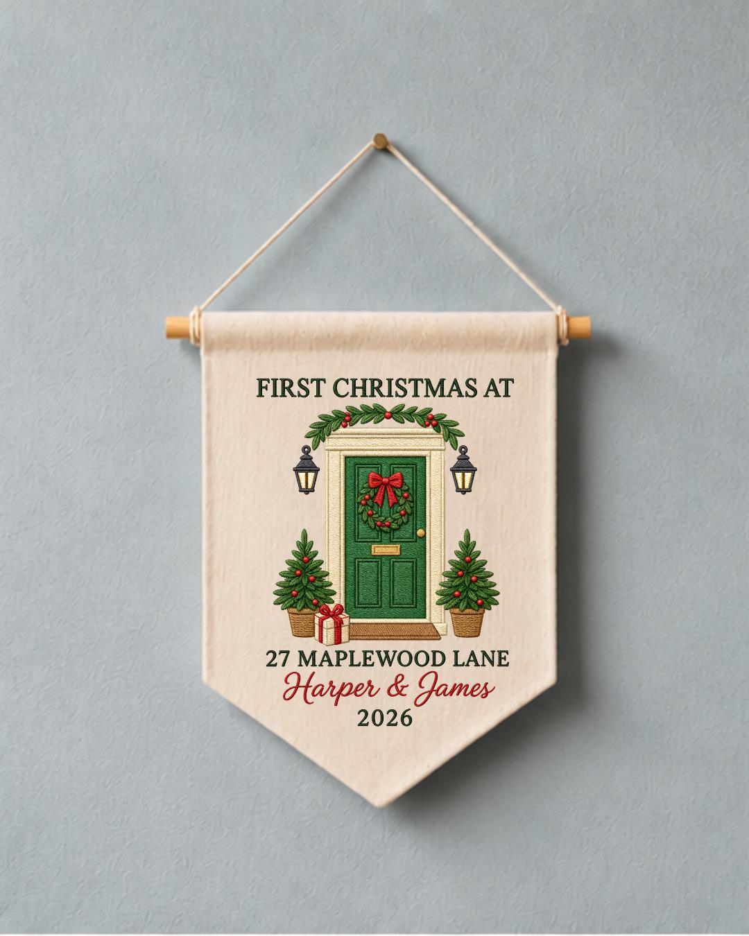 Personalized First Christmas Home Wall Hanging, Custom Address Embroidered Banner, New Home Christmas Decor, Couple Housewarming Gift 2026