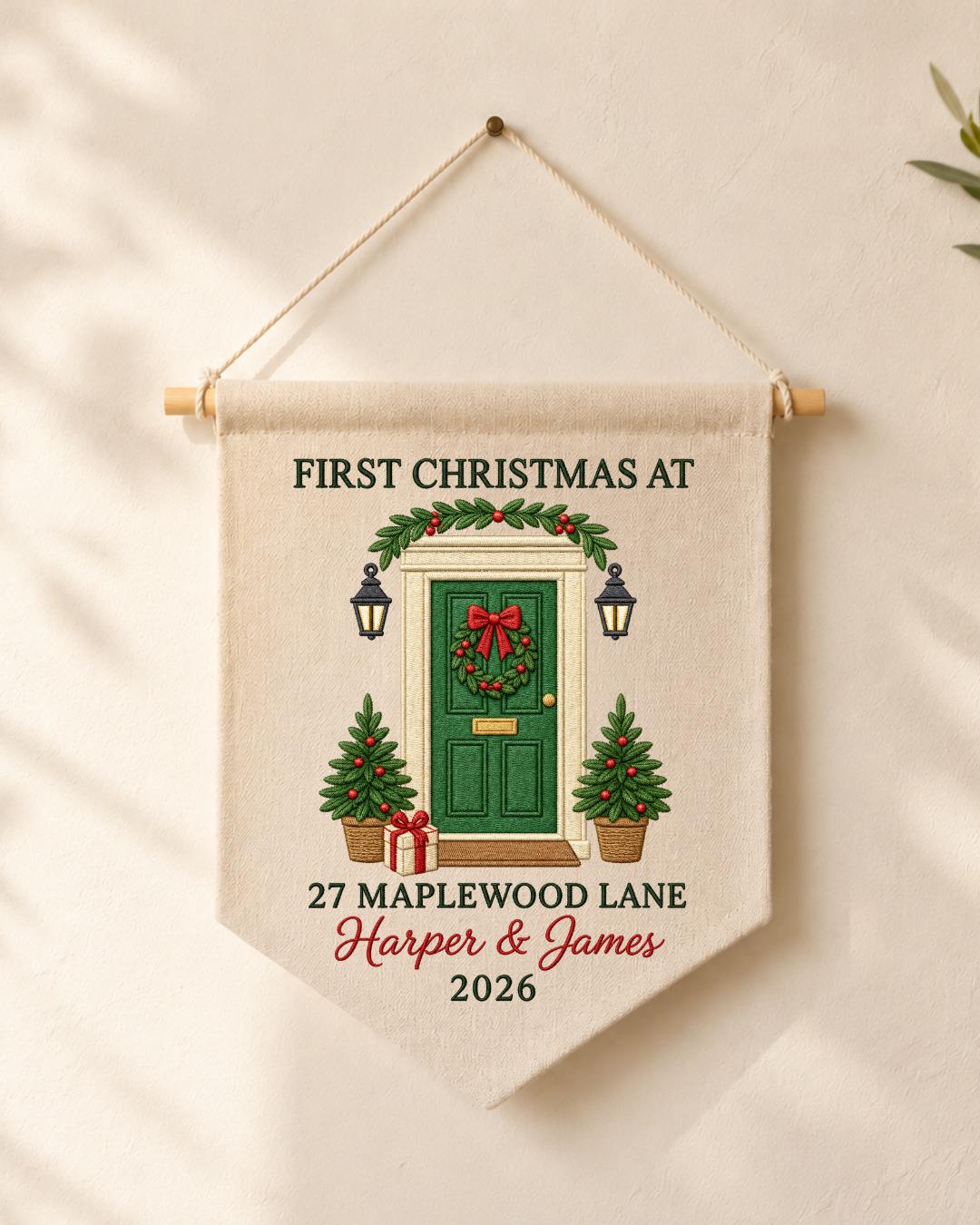 Personalized First Christmas Home Wall Hanging, Custom Address Embroidered Banner, New Home Christmas Decor, Couple Housewarming Gift 2026