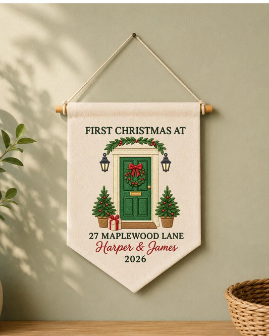 Personalized First Christmas Home Wall Hanging, Custom Address Embroidered Banner, New Home Christmas Decor, Couple Housewarming Gift 2026
