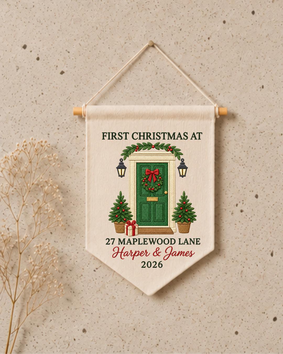 Personalized First Christmas Home Wall Hanging, Custom Address Embroidered Banner, New Home Christmas Decor, Couple Housewarming Gift 2026