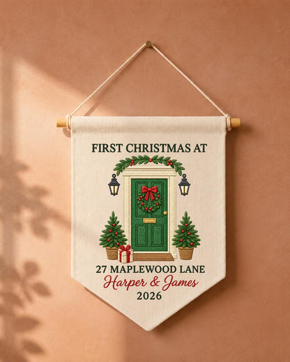 Personalized First Christmas Home Wall Hanging, Custom Address Embroidered Banner, New Home Christmas Decor, Couple Housewarming Gift 2026