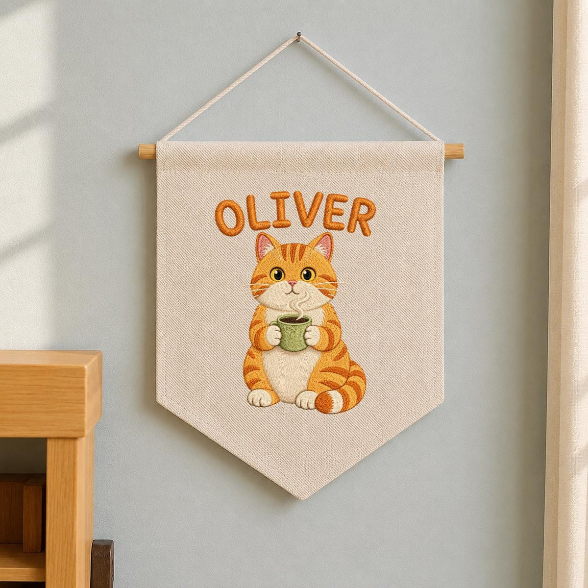 Personalized Embroidered Orange Cat Coffee Banner, Nursery Wall Decor, Oliver Name Sign