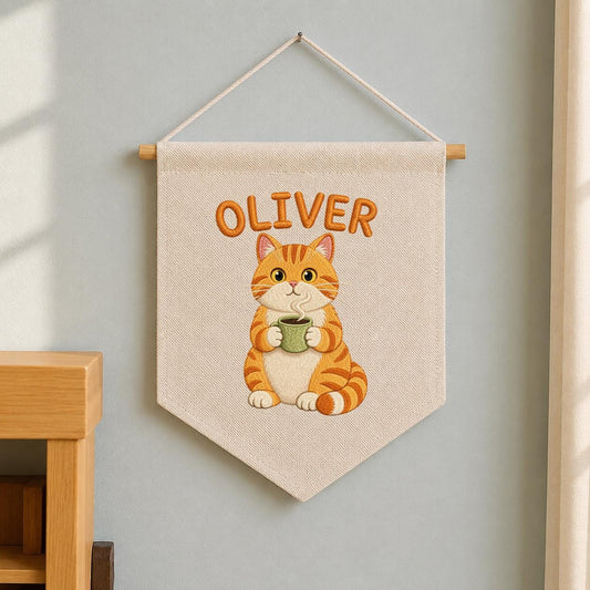 Personalized Embroidered Orange Cat Coffee Banner, Nursery Wall Decor, Oliver Name Sign