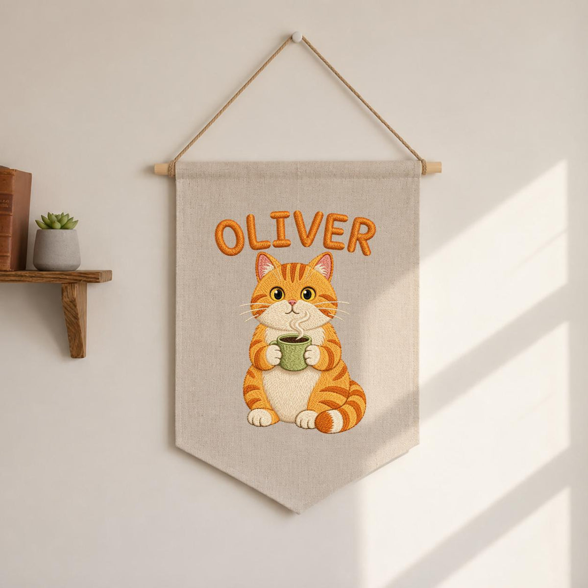 Personalized Embroidered Orange Cat Coffee Banner, Nursery Wall Decor, Oliver Name Sign