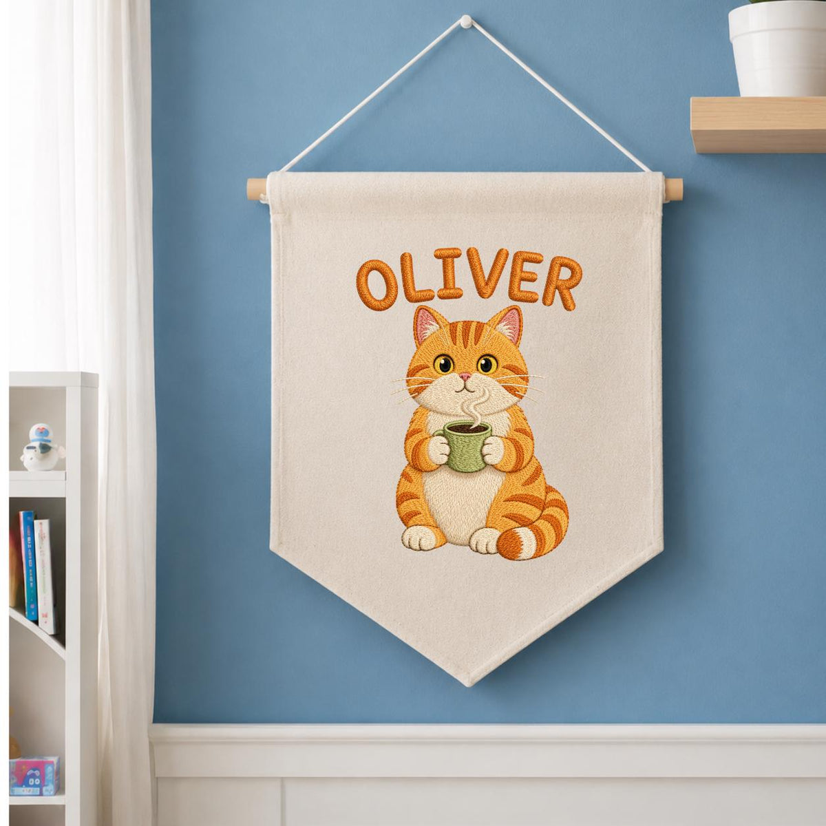 Personalized Embroidered Orange Cat Coffee Banner, Nursery Wall Decor, Oliver Name Sign