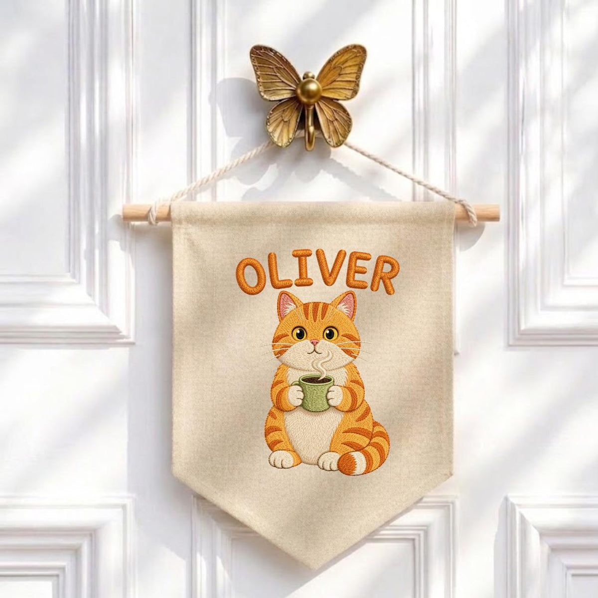 Personalized Embroidered Orange Cat Coffee Banner, Nursery Wall Decor, Oliver Name Sign