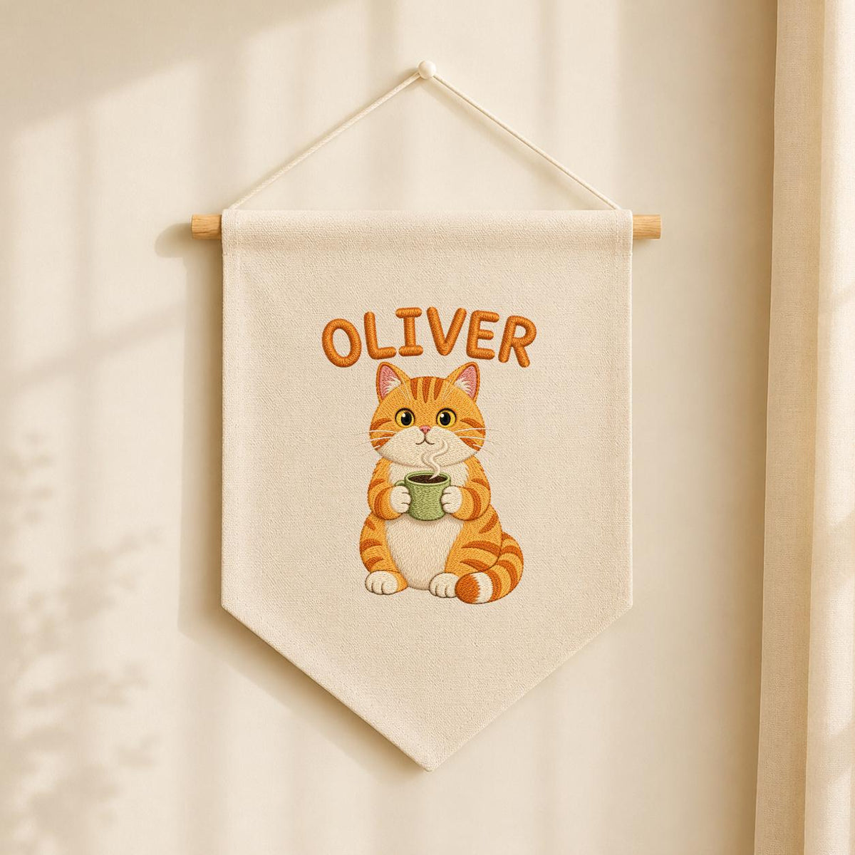 Personalized Embroidered Orange Cat Coffee Banner, Nursery Wall Decor, Oliver Name Sign