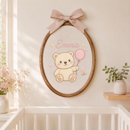 Embroidered Teddy Bear Oval Hoop Art, Custom Name Nursery Decor, Baby Girl Gift