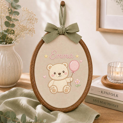 Embroidered Teddy Bear Oval Hoop Art, Custom Name Nursery Decor, Baby Girl Gift