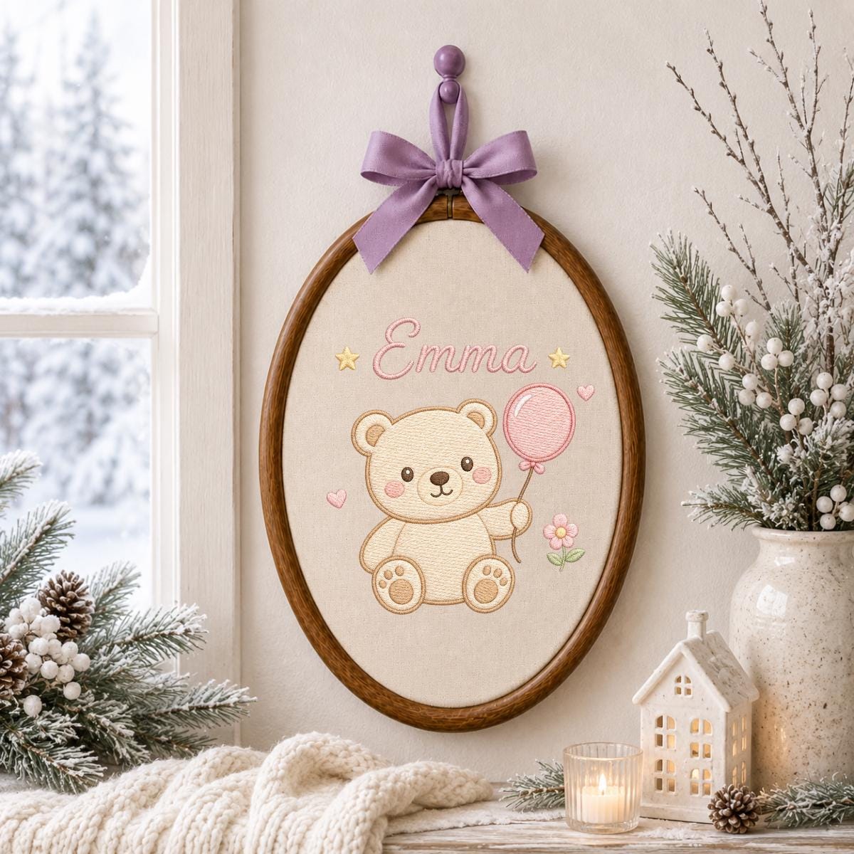 Embroidered Teddy Bear Oval Hoop Art, Custom Name Nursery Decor, Baby Girl Gift