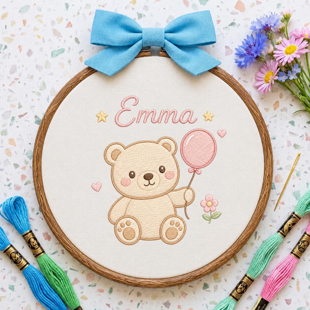 Embroidered Teddy Bear Oval Hoop Art, Custom Name Nursery Decor, Baby Girl Gift