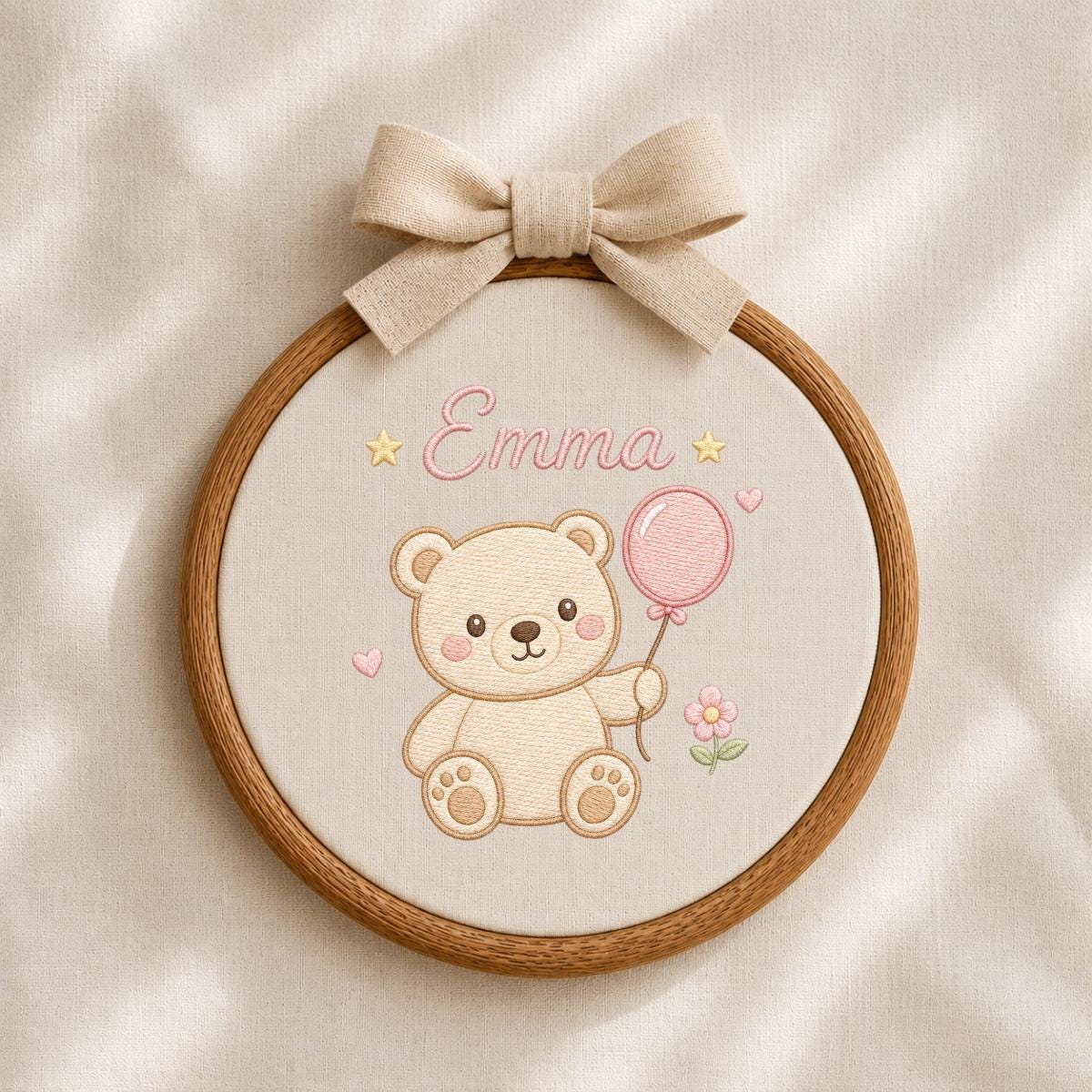 Embroidered Teddy Bear Oval Hoop Art, Custom Name Nursery Decor, Baby Girl Gift
