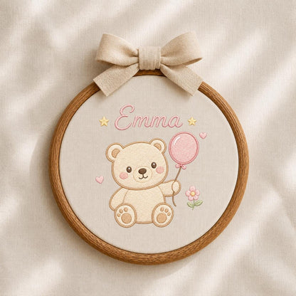 Embroidered Teddy Bear Oval Hoop Art, Custom Name Nursery Decor, Baby Girl Gift