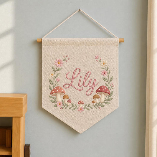 Personalized Embroidered Wildflower Mushroom Banner, Custom Name Nursery Decor