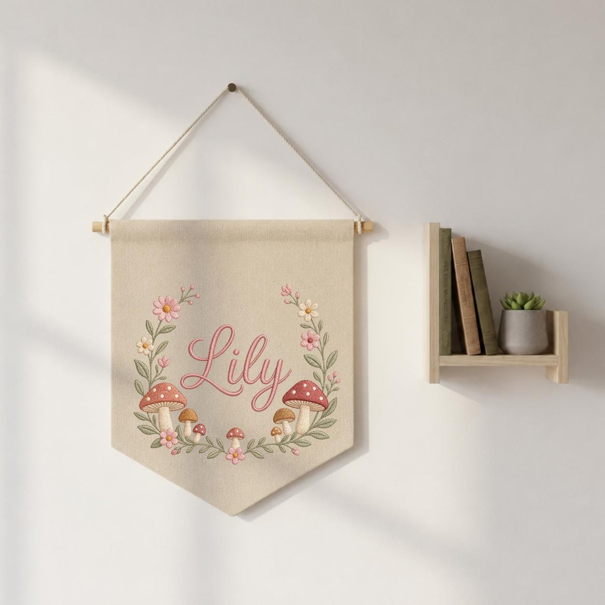 Personalized Embroidered Wildflower Mushroom Banner, Custom Name Nursery Decor