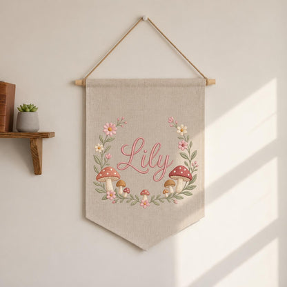 Personalized Embroidered Wildflower Mushroom Banner, Custom Name Nursery Decor