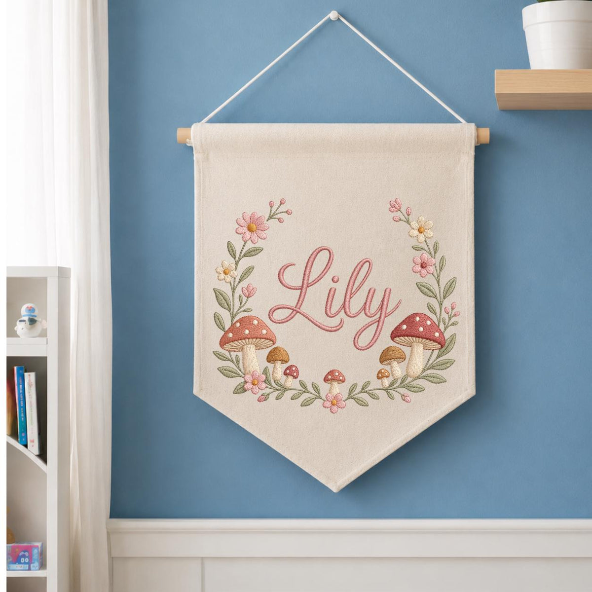 Personalized Embroidered Wildflower Mushroom Banner, Custom Name Nursery Decor