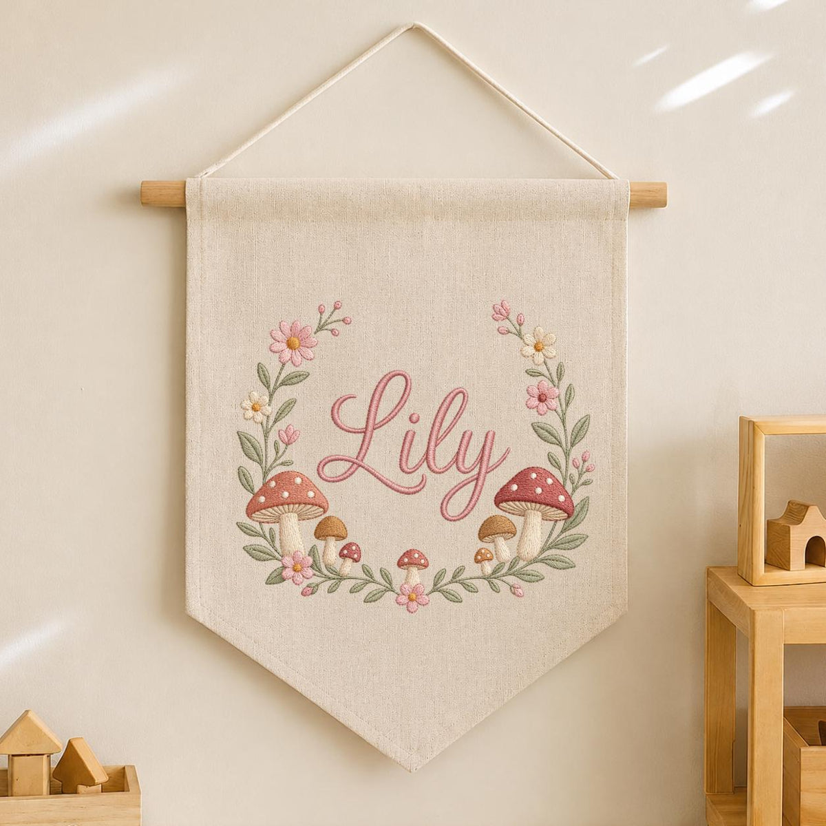 Personalized Embroidered Wildflower Mushroom Banner, Custom Name Nursery Decor