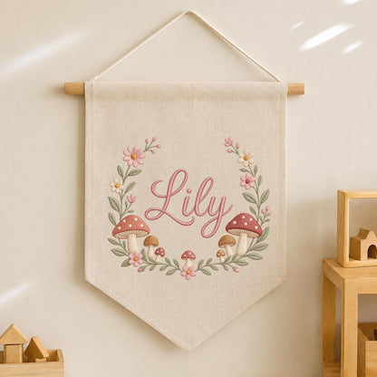Personalized Embroidered Wildflower Mushroom Banner, Custom Name Nursery Decor