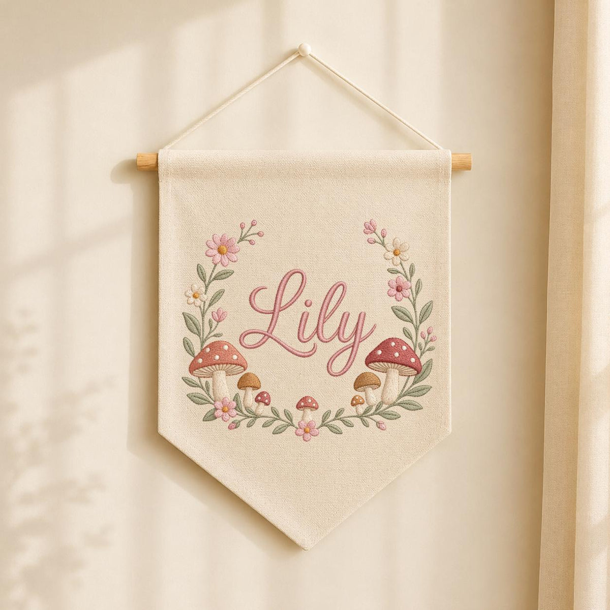 Personalized Embroidered Wildflower Mushroom Banner, Custom Name Nursery Decor