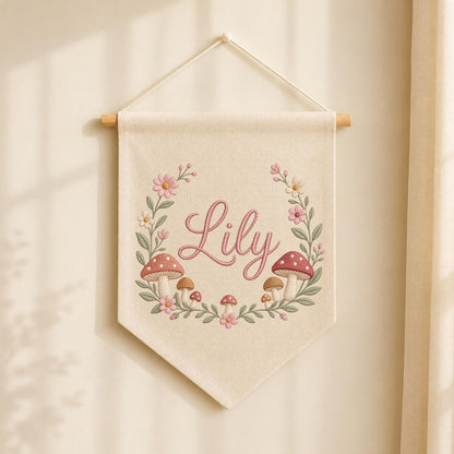 Personalized Embroidered Wildflower Mushroom Banner, Custom Name Nursery Decor