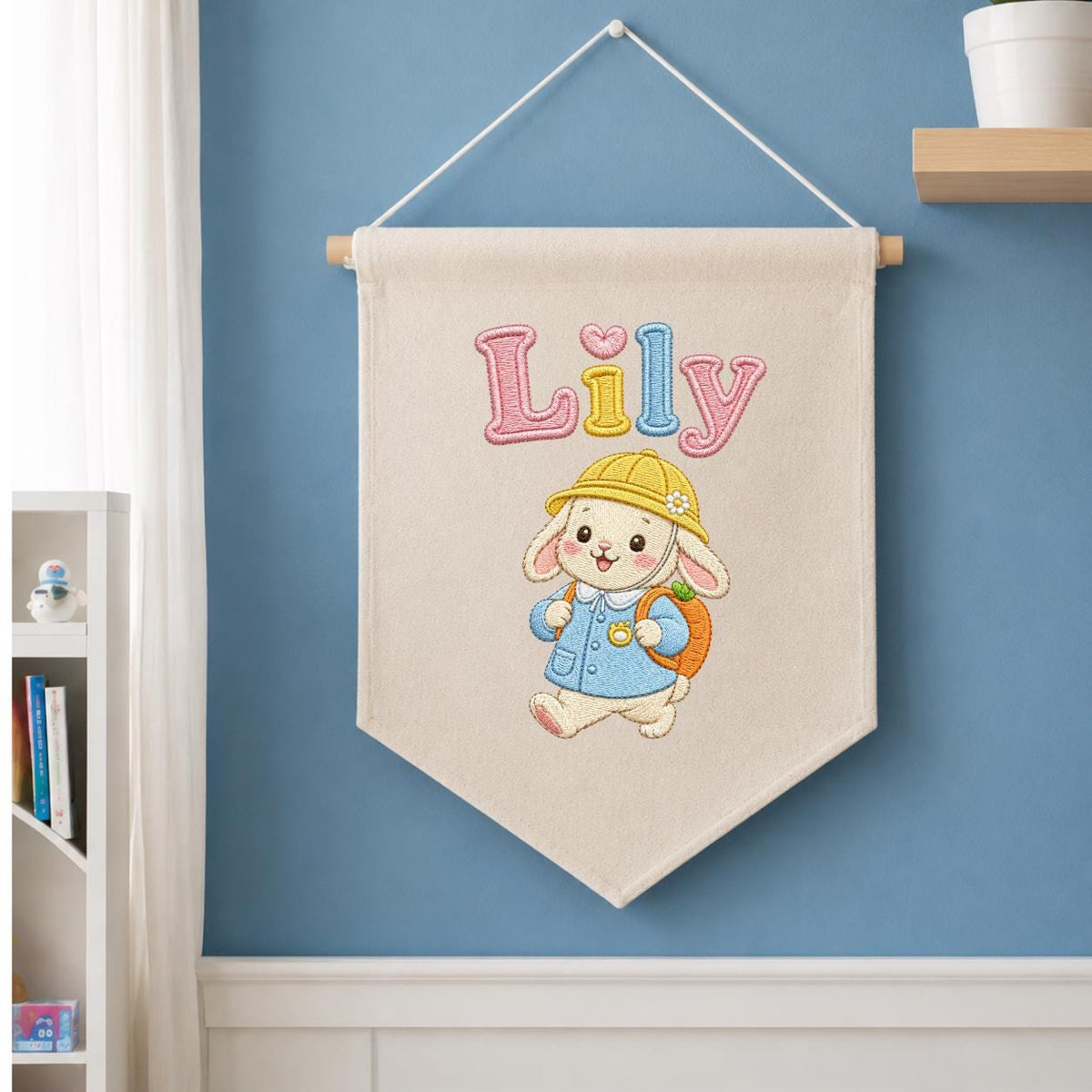 Personalized Embroidered Bunny Name Banner, Nursery Wall Decor, Linen Canvas Pennant