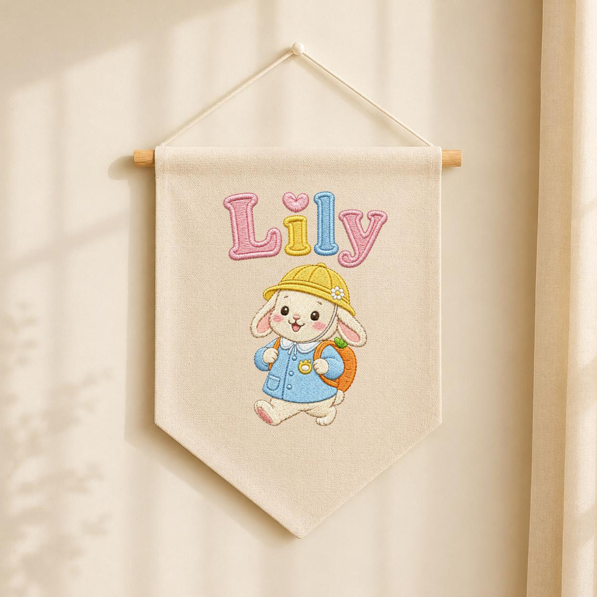 Personalized Embroidered Bunny Name Banner, Nursery Wall Decor, Linen Canvas Pennant
