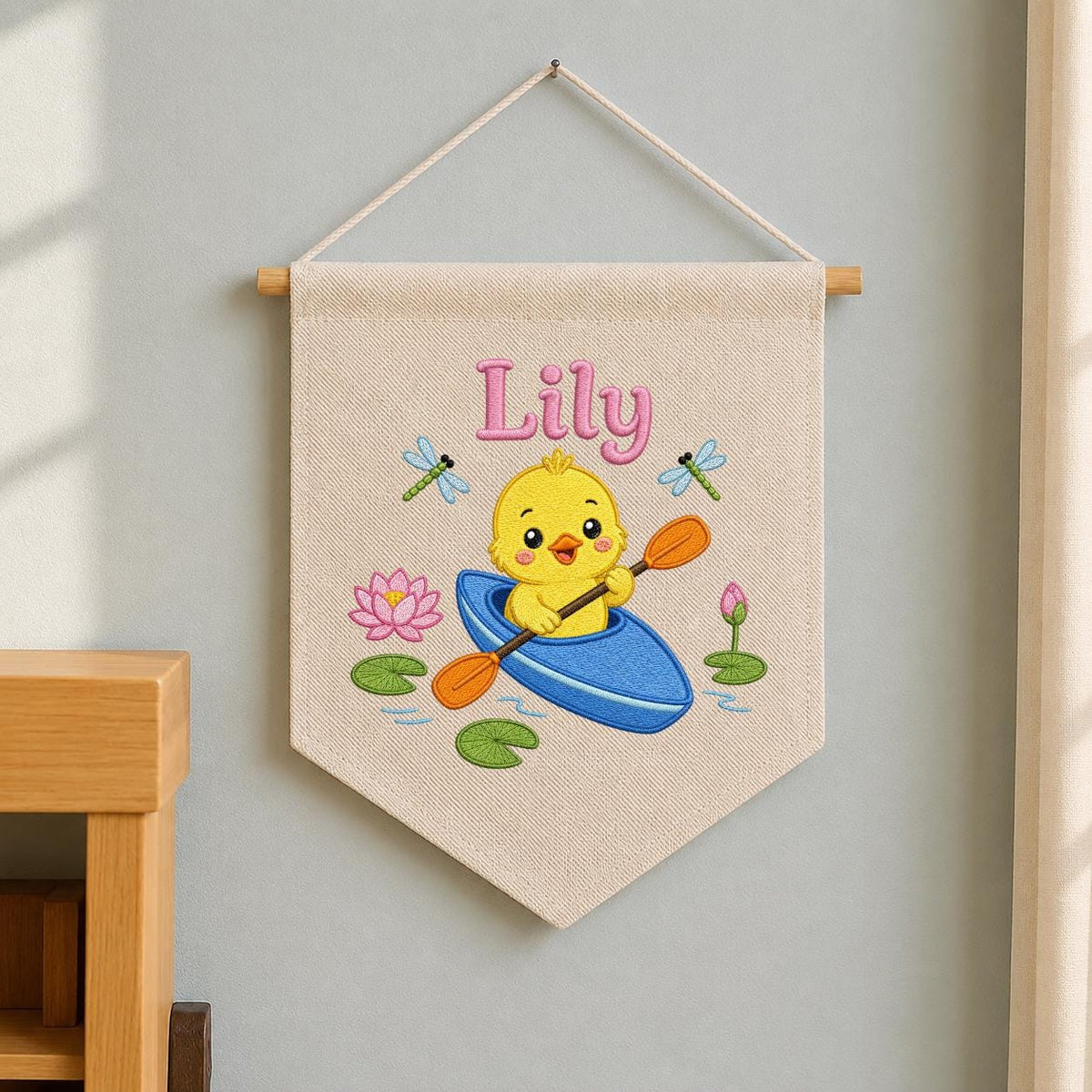 Personalized Embroidered Duckling Kayak Banner, Nursery Pond Decor
