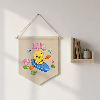 Personalized Embroidered Duckling Kayak Banner, Nursery Pond Decor