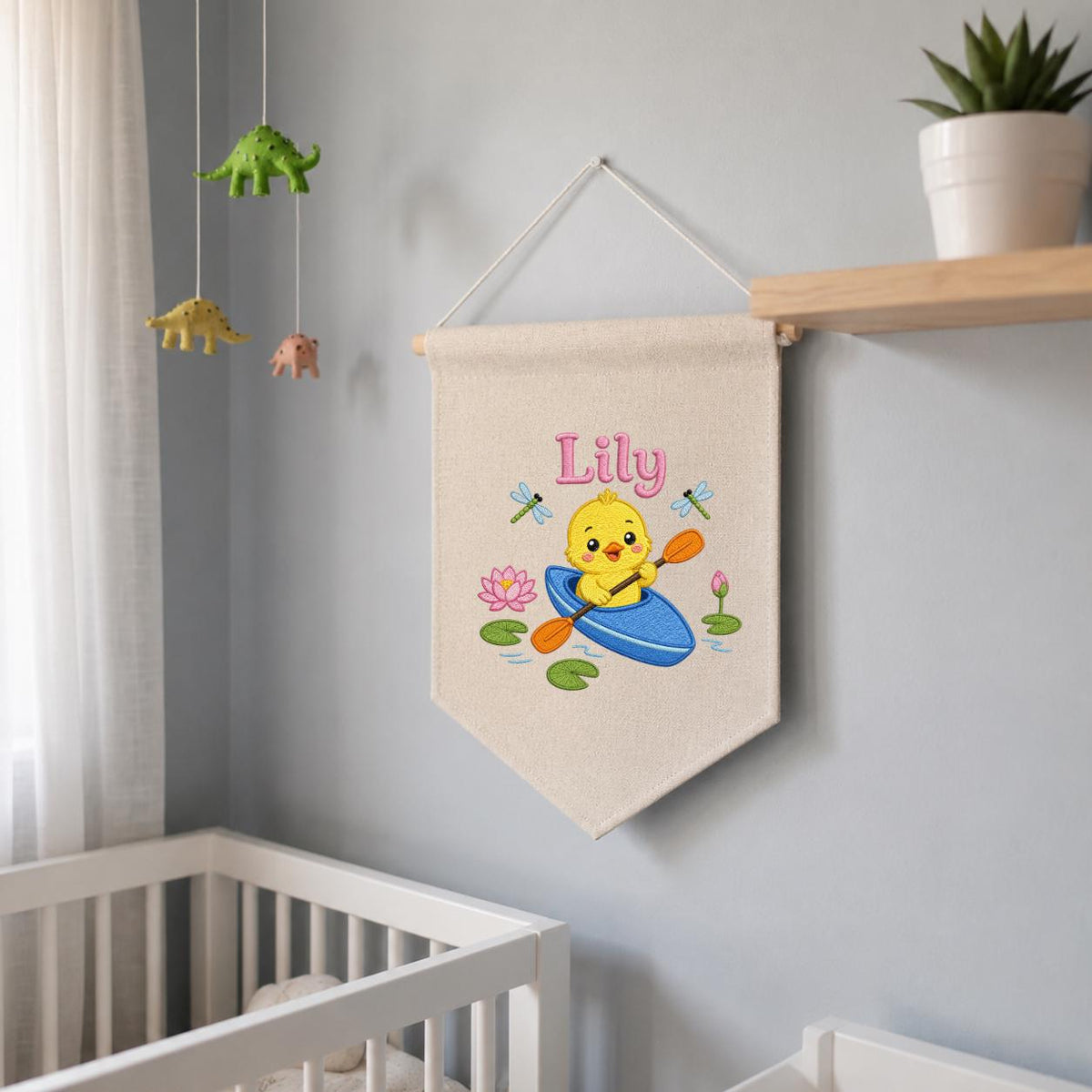 Personalized Embroidered Duckling Kayak Banner, Nursery Pond Decor