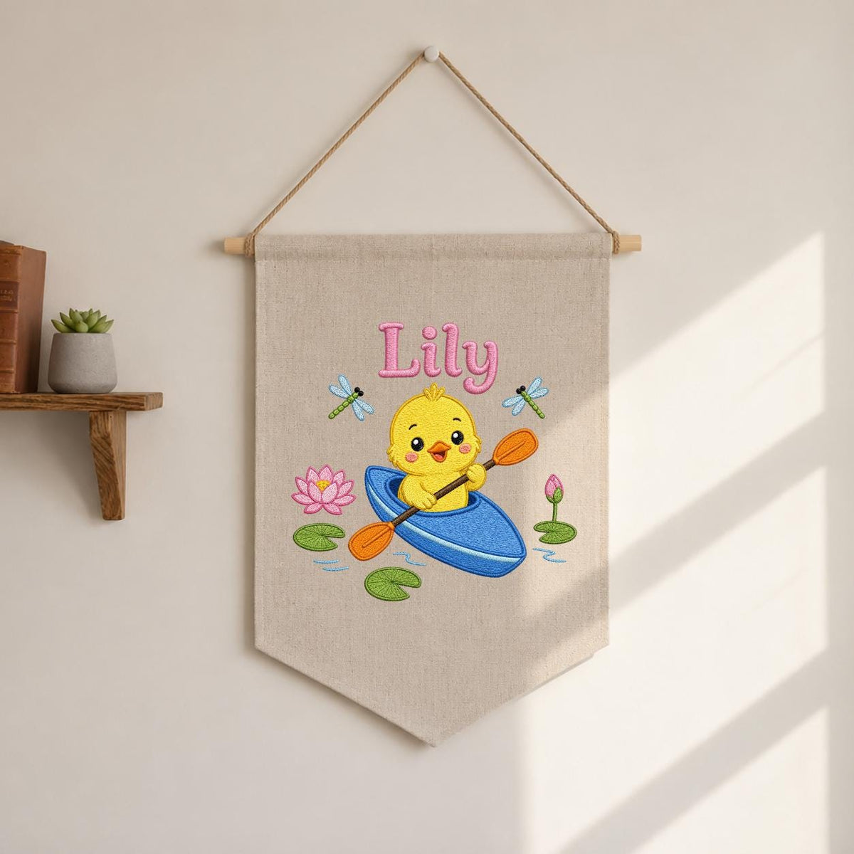 Personalized Embroidered Duckling Kayak Banner, Nursery Pond Decor