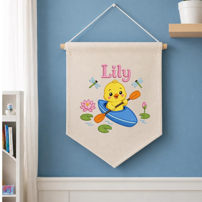 Personalized Embroidered Duckling Kayak Banner, Nursery Pond Decor