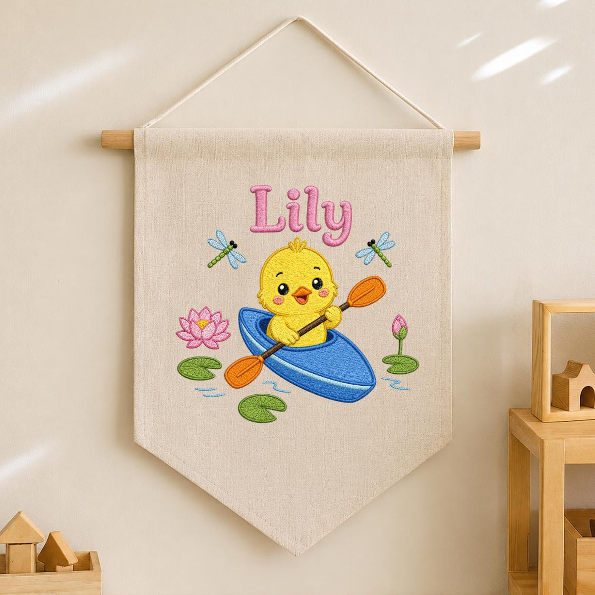 Personalized Embroidered Duckling Kayak Banner, Nursery Pond Decor