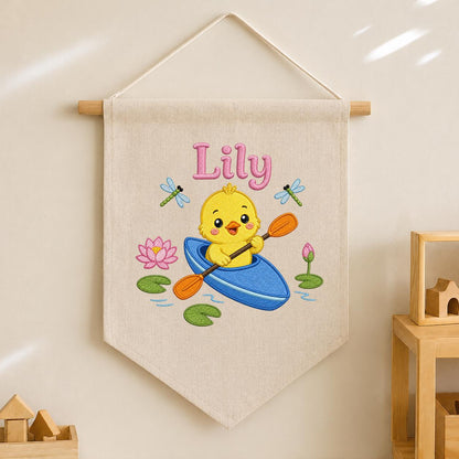 Personalized Embroidered Duckling Kayak Banner, Nursery Pond Decor