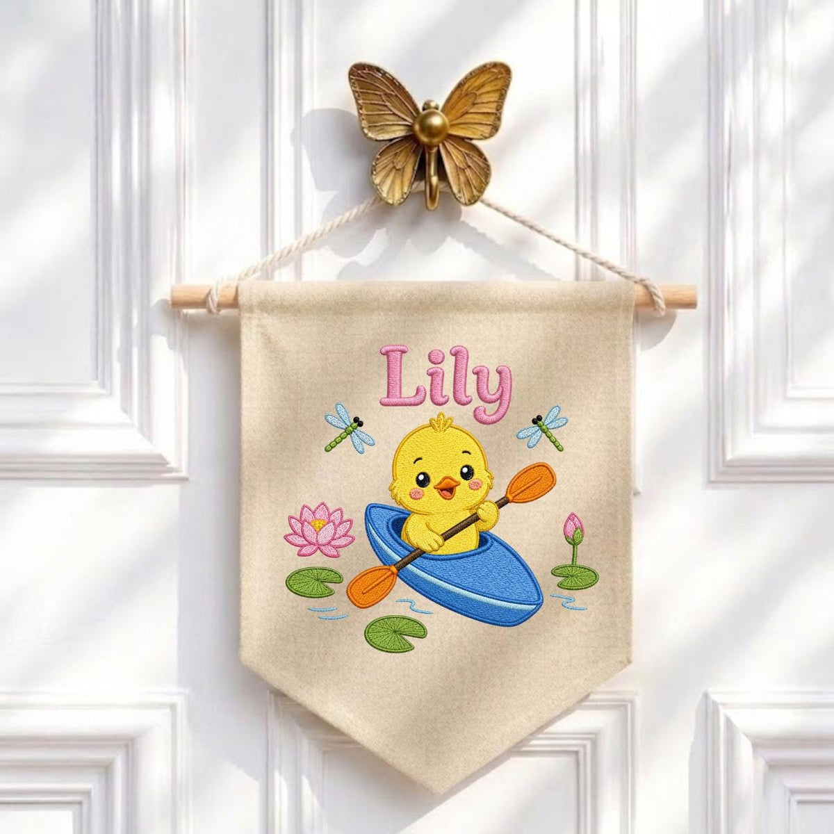 Personalized Embroidered Duckling Kayak Banner, Nursery Pond Decor