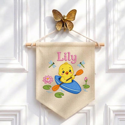Personalized Embroidered Duckling Kayak Banner, Nursery Pond Decor