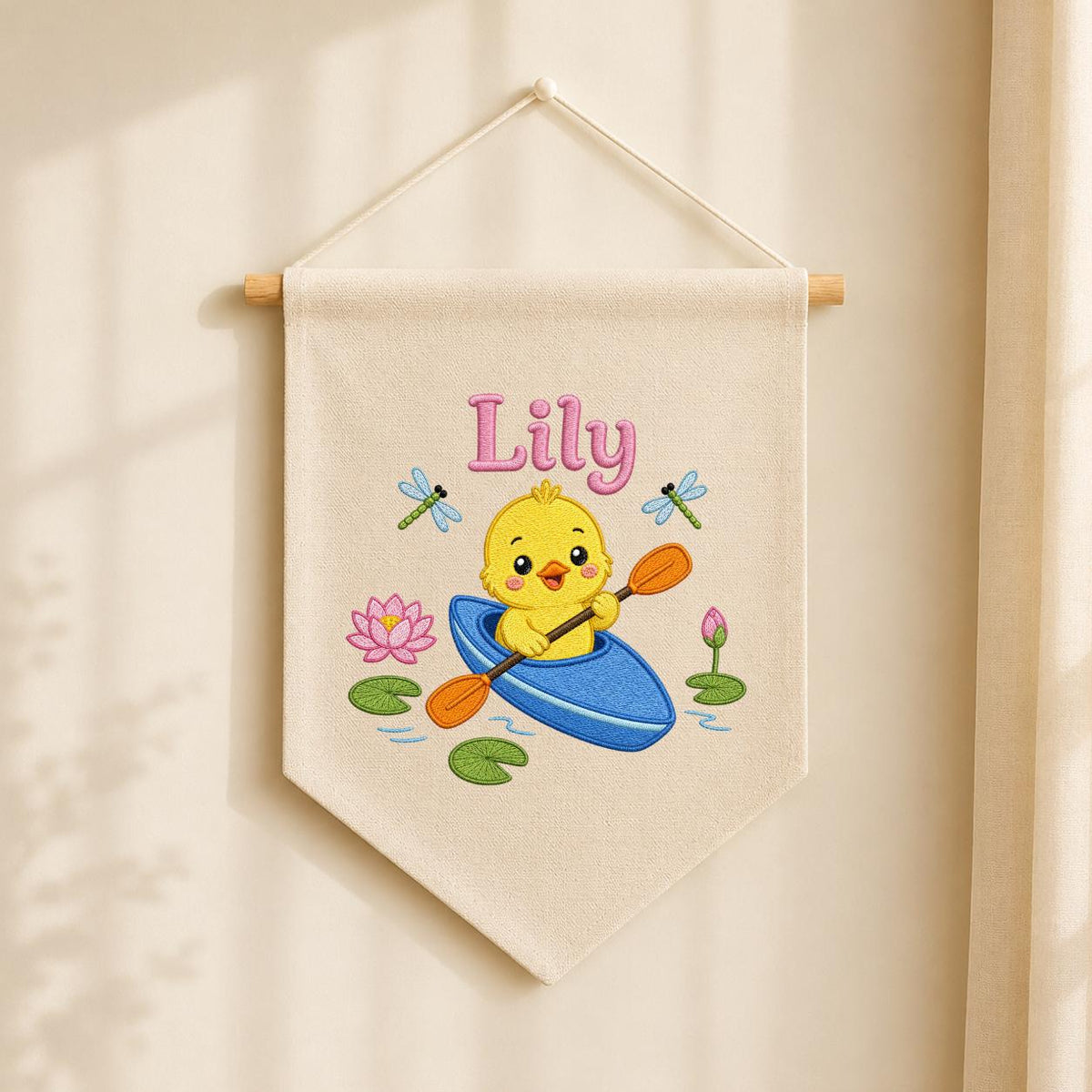 Personalized Embroidered Duckling Kayak Banner, Nursery Pond Decor