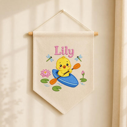 Personalized Embroidered Duckling Kayak Banner, Nursery Pond Decor