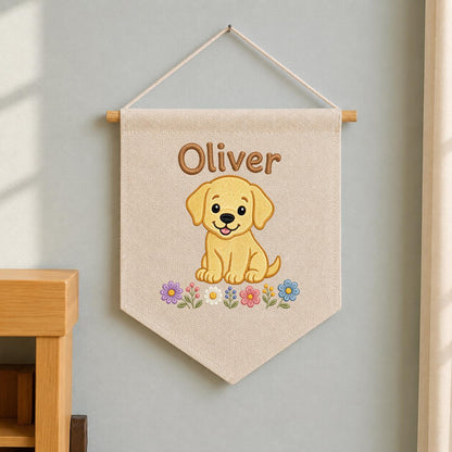 Personalized Puppy Dog Embroidered Banner, Floral Nursery Decor, Custom Name Wall Art