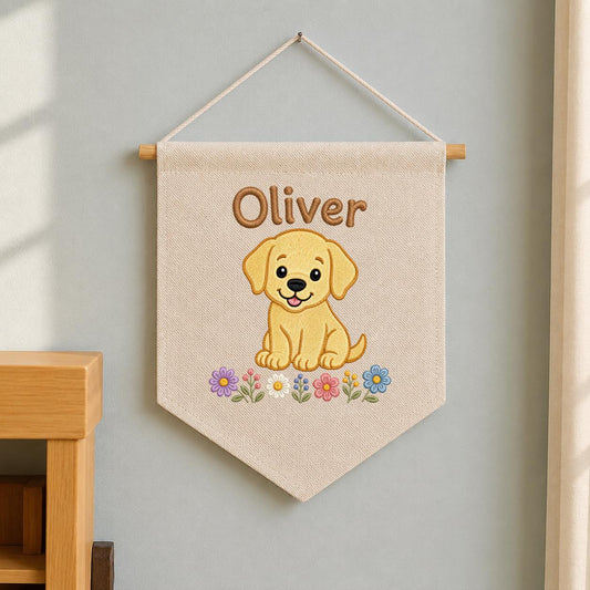 Personalized Puppy Dog Embroidered Banner, Floral Nursery Decor, Custom Name Wall Art