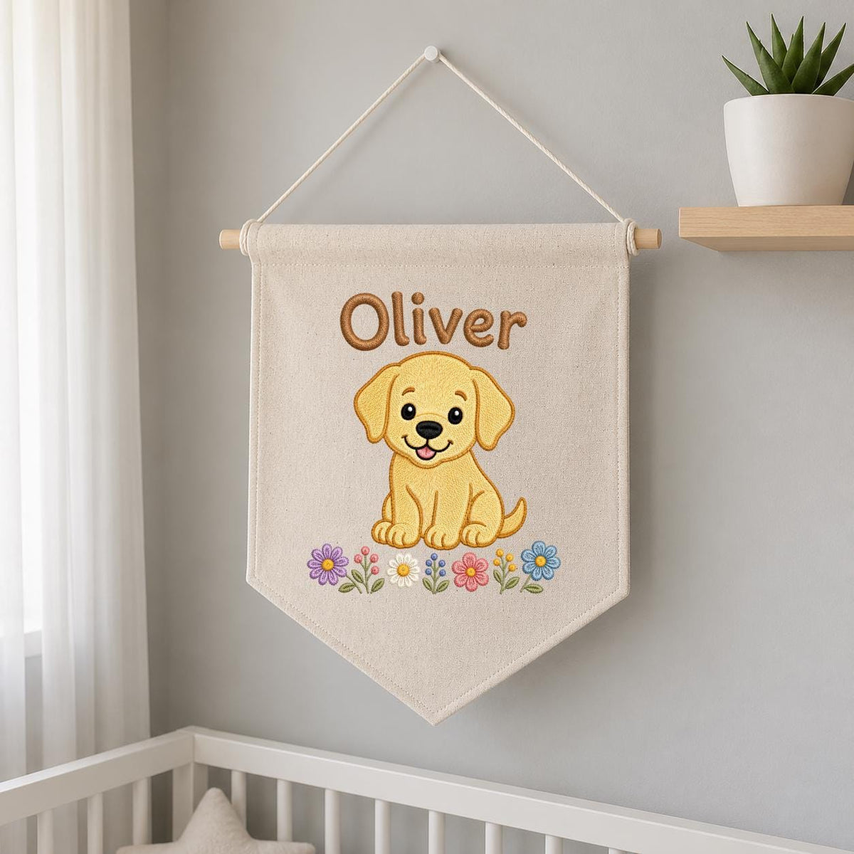 Personalized Puppy Dog Embroidered Banner, Floral Nursery Decor, Custom Name Wall Art