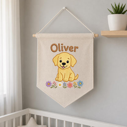 Personalized Puppy Dog Embroidered Banner, Floral Nursery Decor, Custom Name Wall Art
